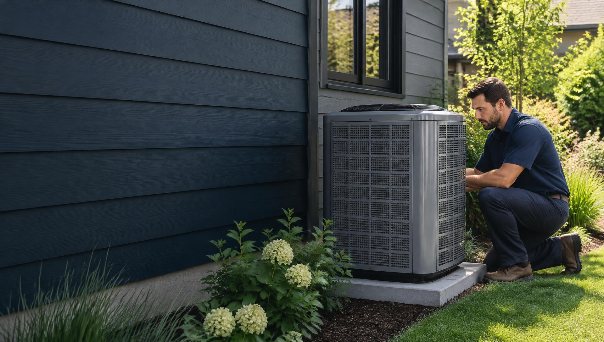 Illustrative technician inspecting a modern outdoor air conditioning unit